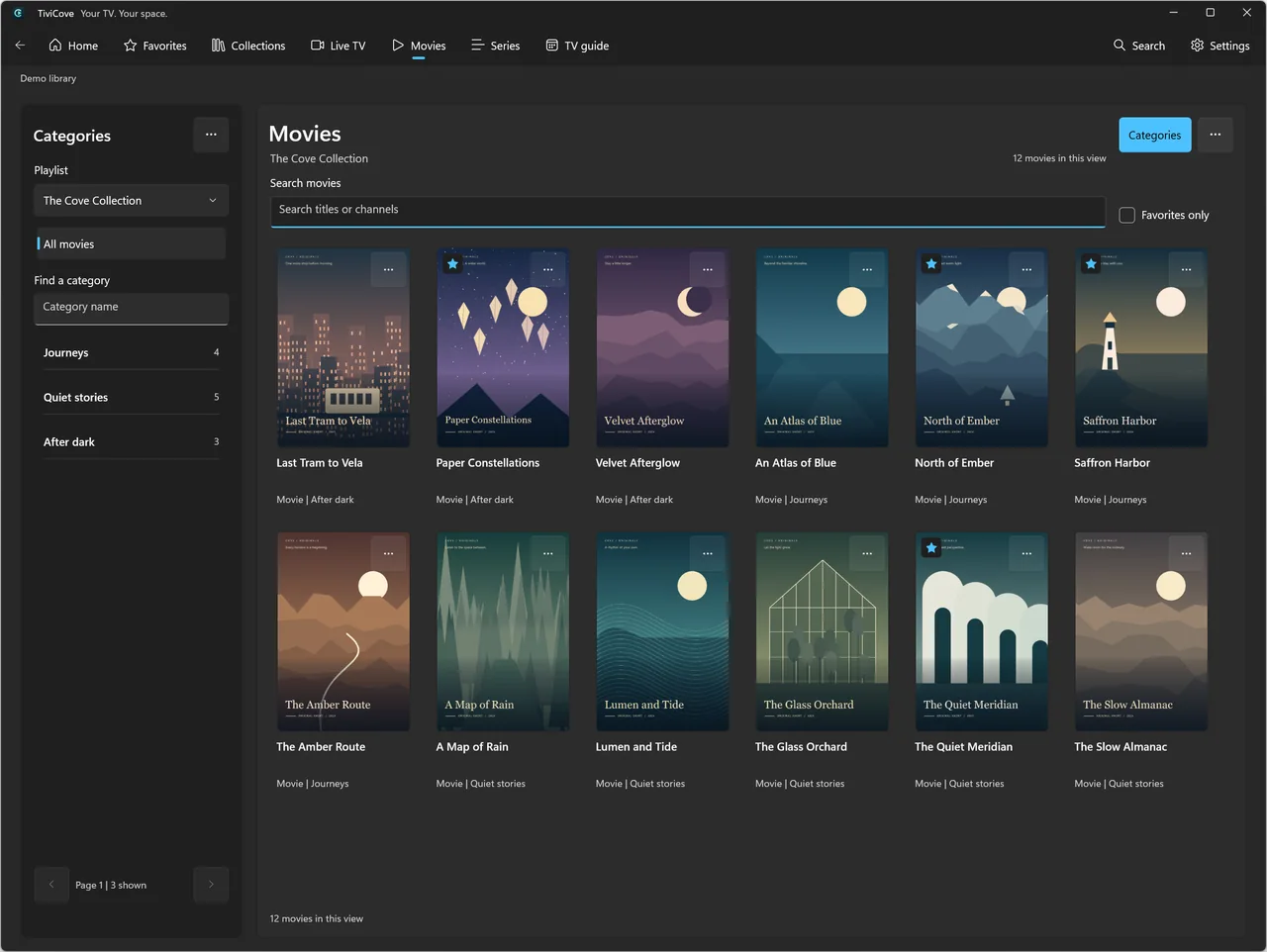 TiviTune movie library with searchable categories and original demonstration posters